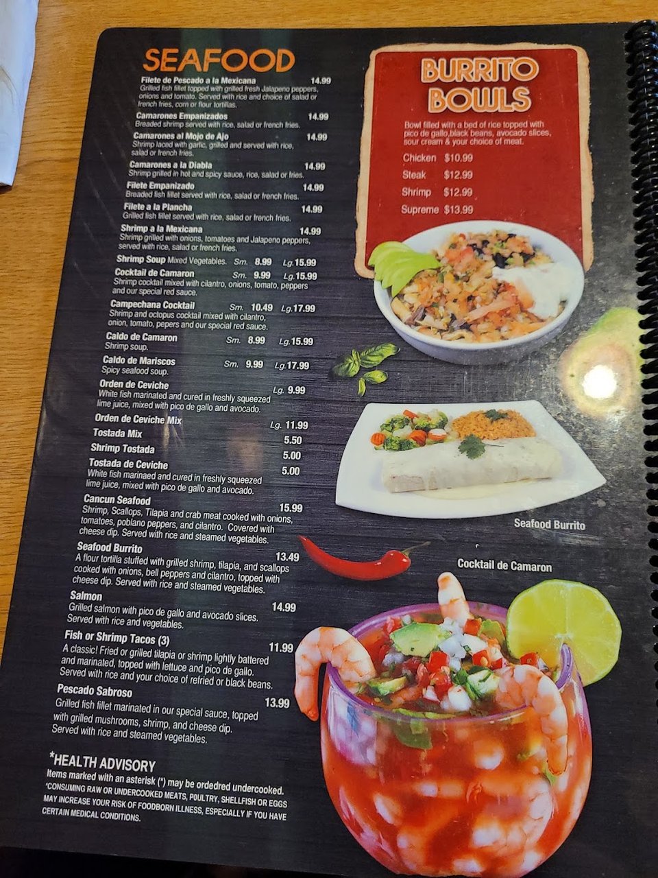 Menu page showing Mexican specialties and dish listings.