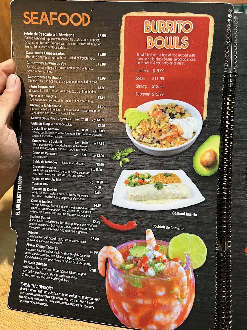 Printed menu with section headings and item names.