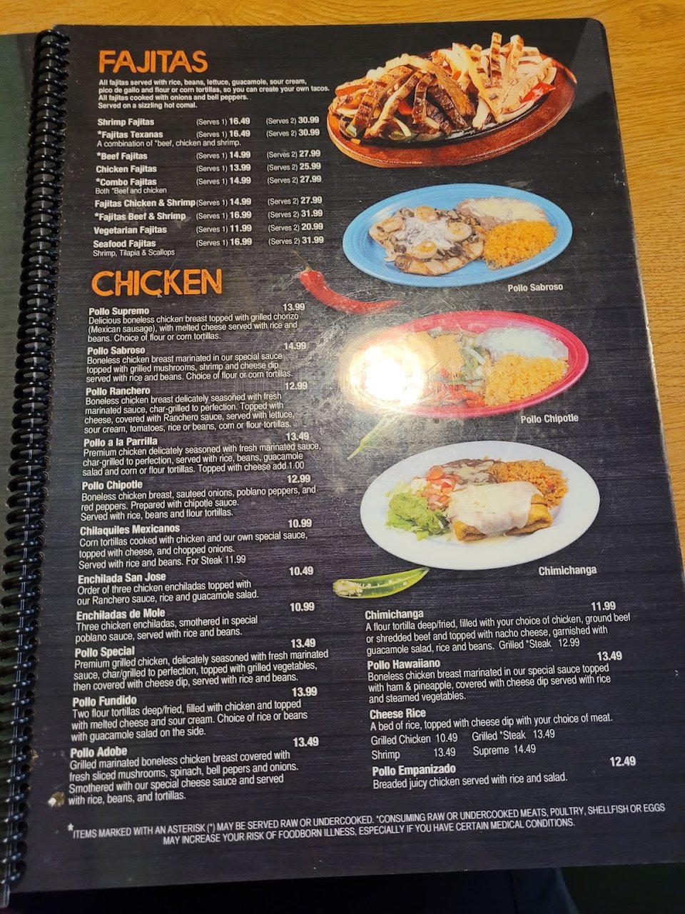 Restaurant menu layout with Spanish-inspired dish options.